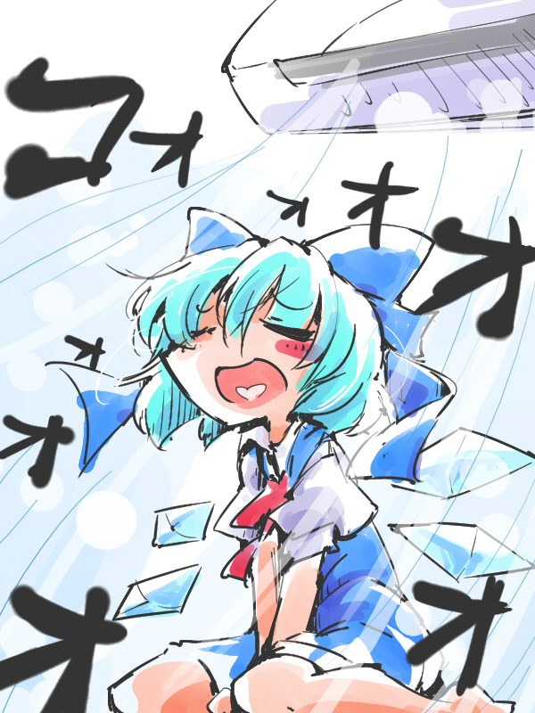 1girl air_conditioner blue_hair bow cirno closed_eyes dress hair_bow ice ice_wings open_mouth ribbon seiza shinapuu short_hair sitting sketch smile solo touhou wings
