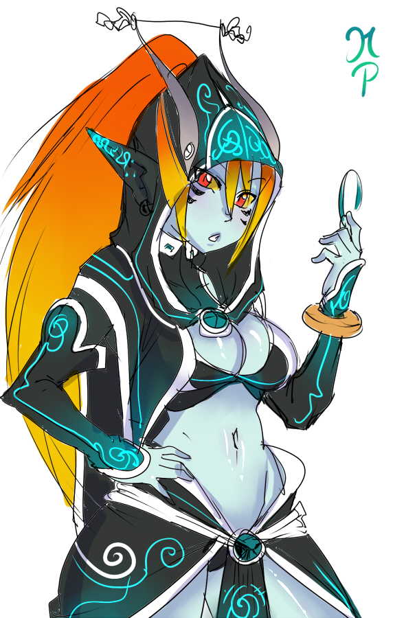 1girl alternate_costume blue_skin breasts cleavage detached_sleeves earrings hand_on_hip hood imp jewelry long_hair maniacpaint midna midriff navel neon_trim older orange_hair pointy_ears red_eyes showgirl_skirt sketch solo the_legend_of_zelda twilight_princess yellow_sclera