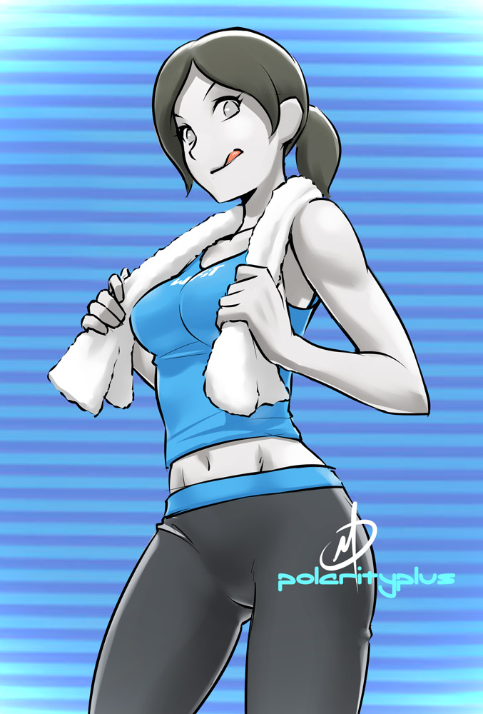 1girl :q black_hair closed_mouth daniel_macgregor grey_eyes licking_lips looking_at_viewer midriff nintendo pants solo spandex sweatpants tank_top toned tongue tongue_out towel towel_around_neck wii_fit wii_fit_trainer