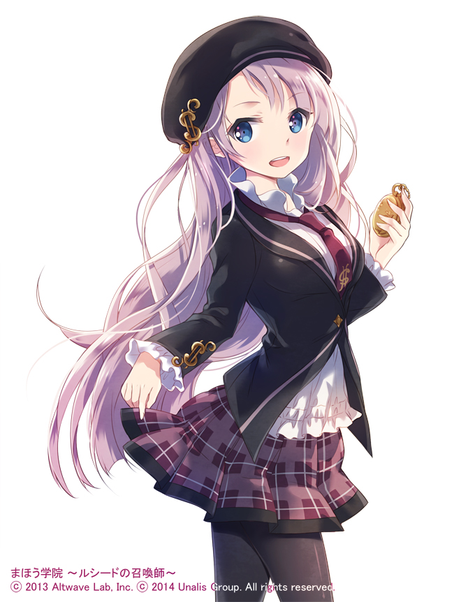 1girl black_legwear blue_eyes hat jacket long_hair long_sleeves necktie nyanya open_mouth original pantyhose pleated_skirt pocket_watch school_uniform shirt silver_hair skirt smile solo very_long_hair watch