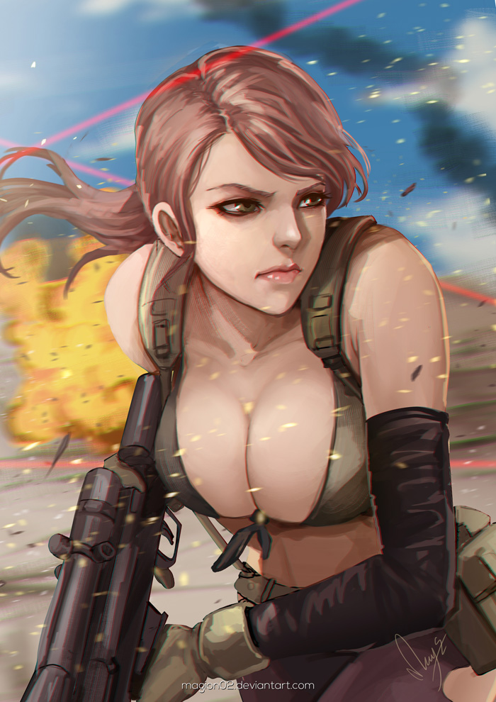 1girl bikini_top blue_eyes breasts brown_hair cleavage dust_cloud explosion front-tie_bikini front-tie_top gun large_breasts laser_sight lips magion02 metal_gear_(series) metal_gear_solid_v nose pantyhose ponytail quiet_(metal_gear) realistic rifle scope sniper_rifle solo torn_clothes torn_pantyhose weapon