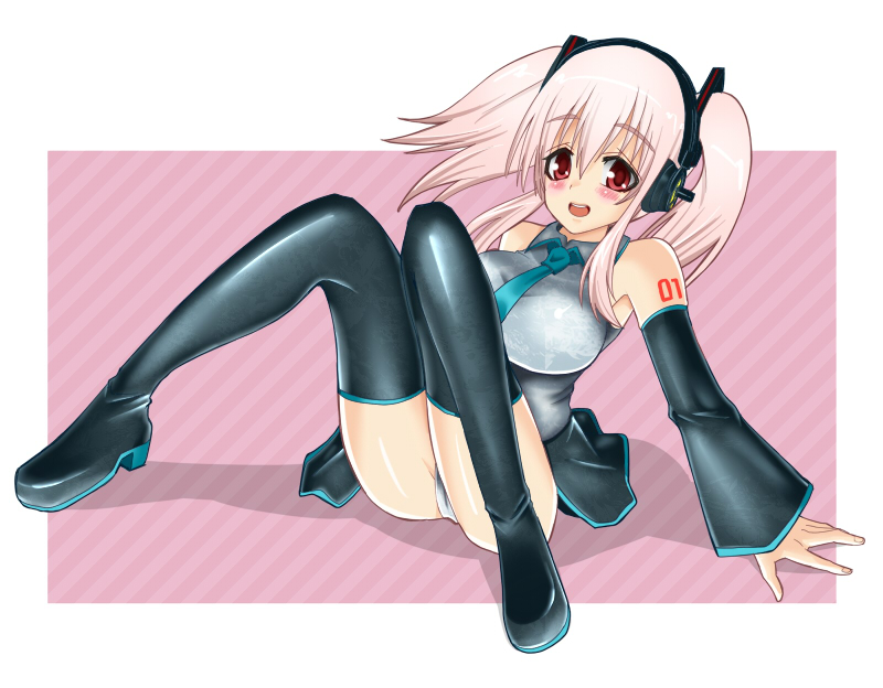 1girl blush boots breasts cosplay detached_sleeves green_panties hatsune_miku hatsune_miku_(cosplay) headphones ichi/mine large_breasts long_hair looking_at_viewer necktie nitroplus open_mouth panties pink_hair skirt smile solo super_sonico thigh-highs thigh_boots twintails underwear vocaloid