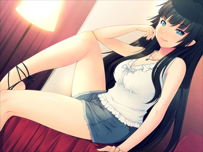 arm_support black_hair blue_eyes breasts cutoffs denim denim_shorts jewelry lamp legs long_hair looking_at_viewer mahito necklace original shorts sitting smile thighs