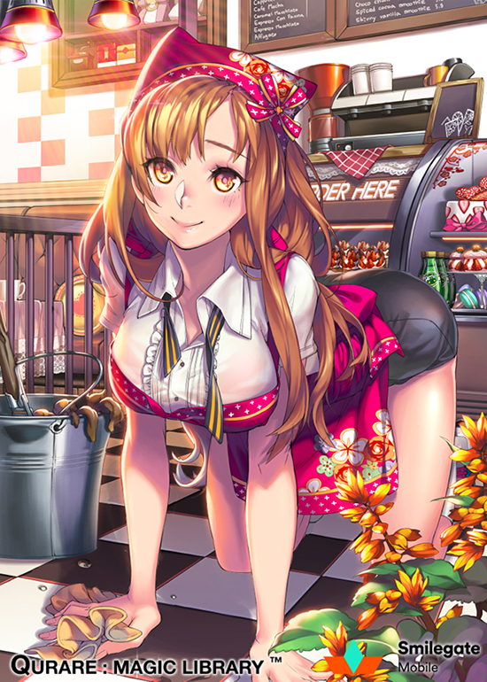 1girl all_fours apron bow brown_eyes brown_hair bucket cake checkered checkered_floor copyright_name flower food lights long_hair official_art original pink_apron qurare_magic_library rag shorts smile solo untied xxinainaxx
