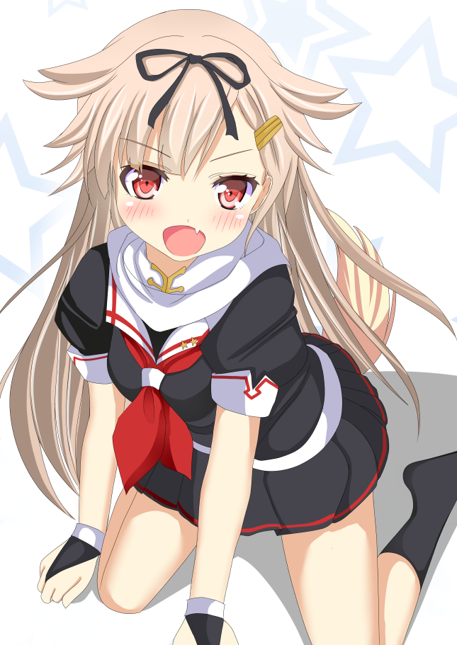 1girl aruka_(alka_p1) black_gloves black_skirt blonde_hair dog_tail fang fingerless_gloves gloves hair_flaps hair_ornament hair_ribbon hairclip kantai_collection kneehighs long_hair looking_at_viewer neckerchief open_mouth pleated_skirt red_eyes ribbon scarf skirt solo tail very_long_hair white_scarf yuudachi_(kantai_collection)