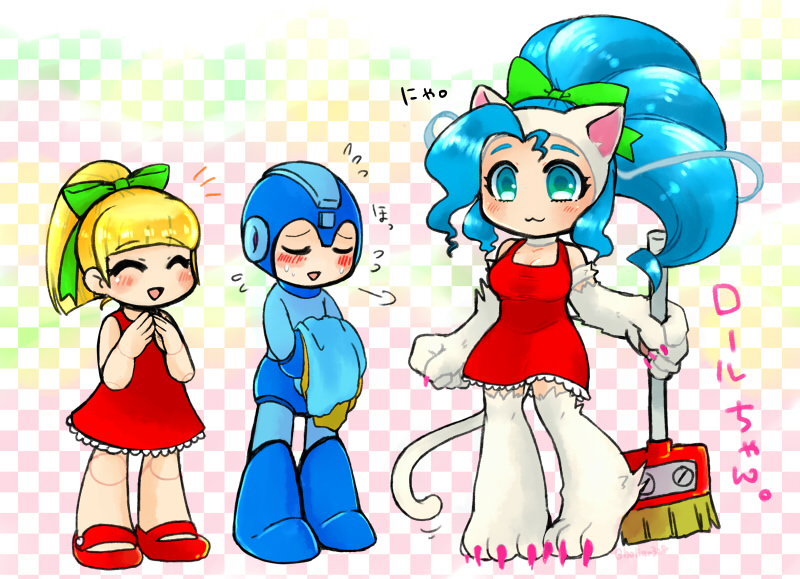 1boy 2girls :3 ahoge animal_ears big_hair blue_eyes blue_hair blush breasts broom capcom cat_ears cat_tail chibi claws cleavage closed_eyes dress fang felicia fur helmet large_breasts long_hair multiple_girls open_mouth paws rockman rockman_(character) rockman_(classic) roll roll_(cosplay) smile sweat tail vampire_(game)