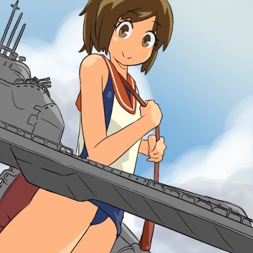 1girl animated animated_png bare_shoulders brown_eyes brown_hair i-401_(kantai_collection) kantai_collection lowres one-piece_swimsuit open_mouth ponytail school_swimsuit school_uniform short_hair short_ponytail smile solo swimsuit swimsuit_under_clothes tan ugoira ushimado
