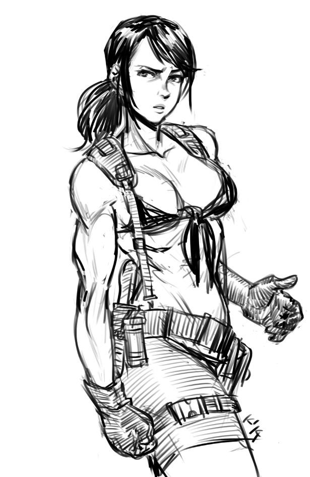 1girl artist_name bangs bikini breasts cowboy_shot front-tie_bikini front-tie_top gloves looking_at_viewer mariel_cartwright metal_gear_(series) metal_gear_solid metal_gear_solid_v monochrome parted_lips ponytail quiet_(metal_gear) simple_background sketch solo suspenders swept_bangs swimsuit toned white_background