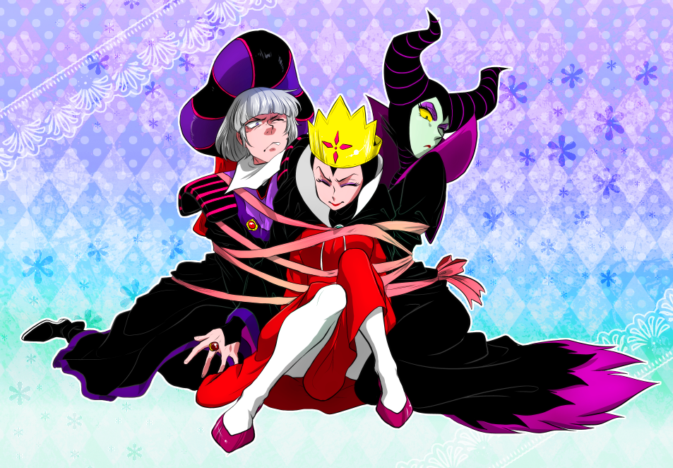 1boy 2girls bdsm bondage bound_together claude_frollo closed_eyes crossover crown disney eyeliner eyeshadow green_skin grey_hair horns lipstick makeup maleficent marimo_(yousei_ranbu) multiple_girls one_eye_closed one_man's_dream_ii pantyhose queen_(snow_white) red_shoes ribbon ribbon_bondage shoes sleeping_beauty snow_white_and_the_seven_dwarfs the_hunchback_of_notre_dame white_legwear yellow_sclera younger