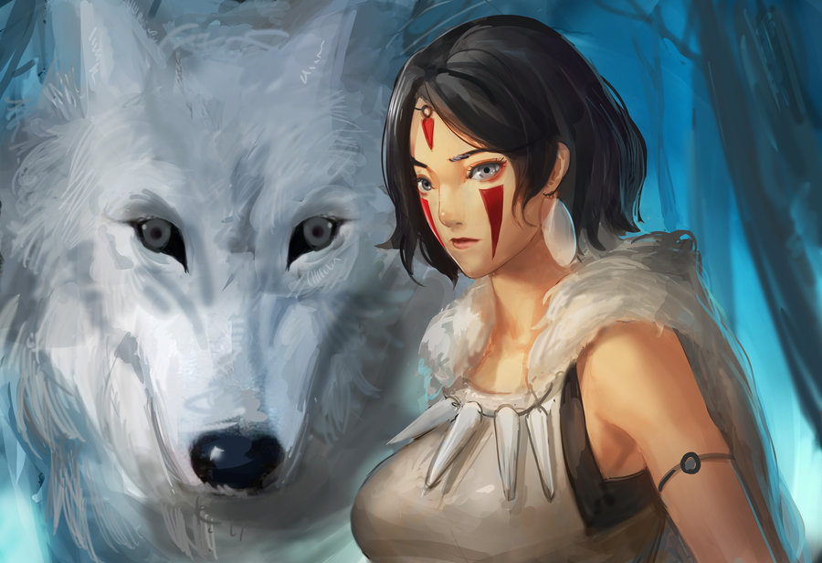 1girl animal armlet black_hair breasts bust earrings facial_mark forest fur_cape grey_eyes jewelry looking_at_viewer mononoke_hime narongchai_singhapand nature necklace san white_wolf wolf