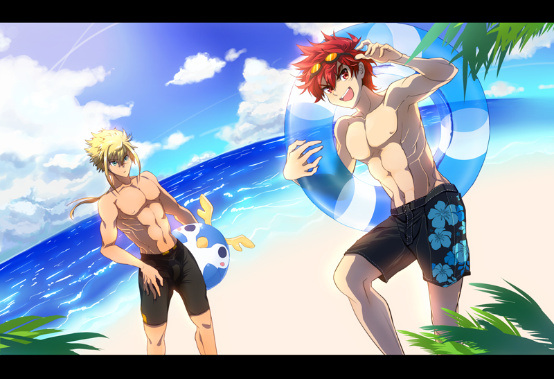 2boys armpits ball bangs beach beachball blonde_hair blue_eyes clouds dutch_angle goggles goggles_on_head hand_on_thigh holding innertube leaf leon_(quiz_magic_academy) long_hair looking_at_another looking_at_viewer low_ponytail male multiple_boys navel obso ocean outdoors payot ponytail quiz_magic_academy red_eyes redhead rick_(quiz_magic_academy) short_hair shorts sky spiky_hair standing swim_trunks tan tanline toned transparent water