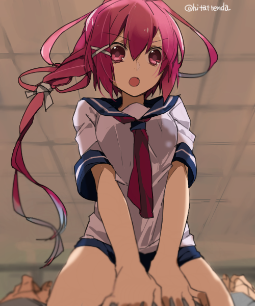 1girl :o hair_ornament hair_ribbon hita_(hitapita) i-168_(kantai_collection) kantai_collection long_hair neckerchief open_mouth pink_eyes pink_hair ponytail ribbon school_swimsuit school_uniform serafuku short_sleeves straddling swimsuit twitter_username