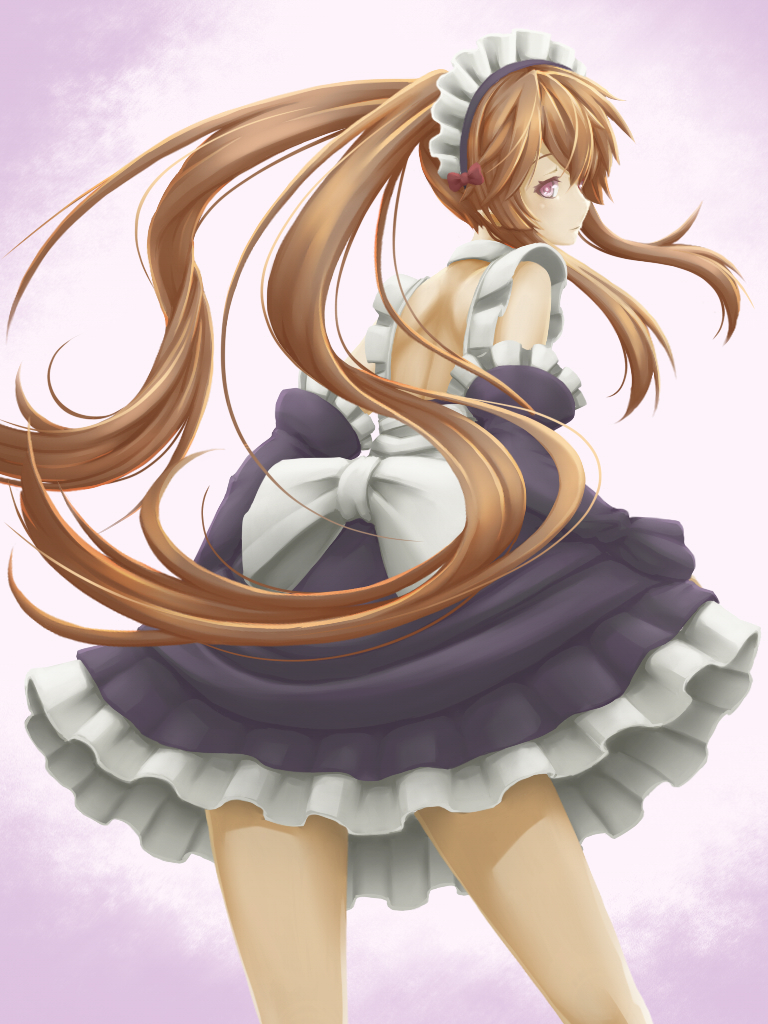 1girl apron brown_hair choker detached_sleeves dress elf frilled_dress frilled_sleeves frills from_behind hair_ribbon long_hair looking_at_viewer looking_back maid maid_headdress myucel_foalan outbreak_company pointy_ears red_ribbon ribbon simple_background smile solo tress_ribbon twintails very_long_hair violet_eyes waist_apron white_background yoruusagi