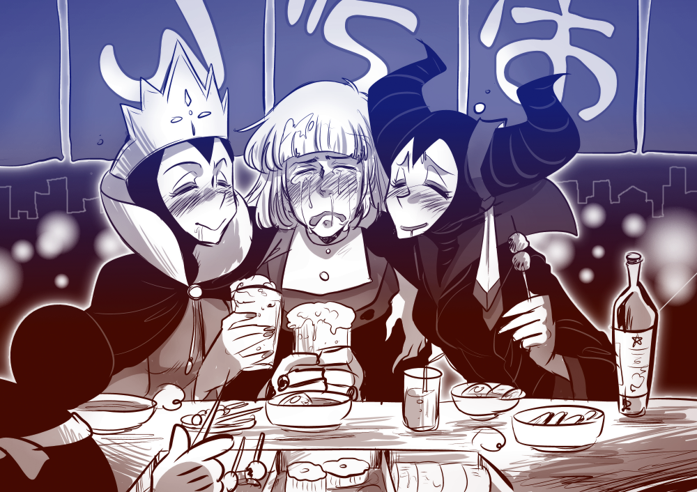 1boy 2girls alcohol beer cameo claude_frollo closed_eyes crossover crown crying disney drunk food greyscale horns maleficent marimo_(yousei_ranbu) mickey_mouse monochrome multiple_girls one_man's_dream_ii out_of_frame queen_(snow_white) sleeping_beauty snow_white_and_the_seven_dwarfs the_hunchback_of_notre_dame younger
