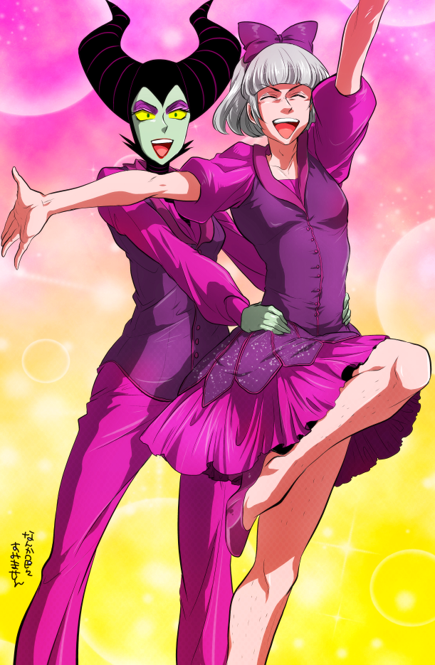 1boy 1girl bow claude_frollo contemporary crossdressinging crossover dancing green_eyes green_skin grey_hair hair_bow hands_on_another's_hips horns leg_lift maleficent marimo_(yousei_ranbu) one_man's_dream_ii open_mouth puffy_sleeves pumps purple short_hair sleeping_beauty the_hunchback_of_notre_dame yellow_sclera younger