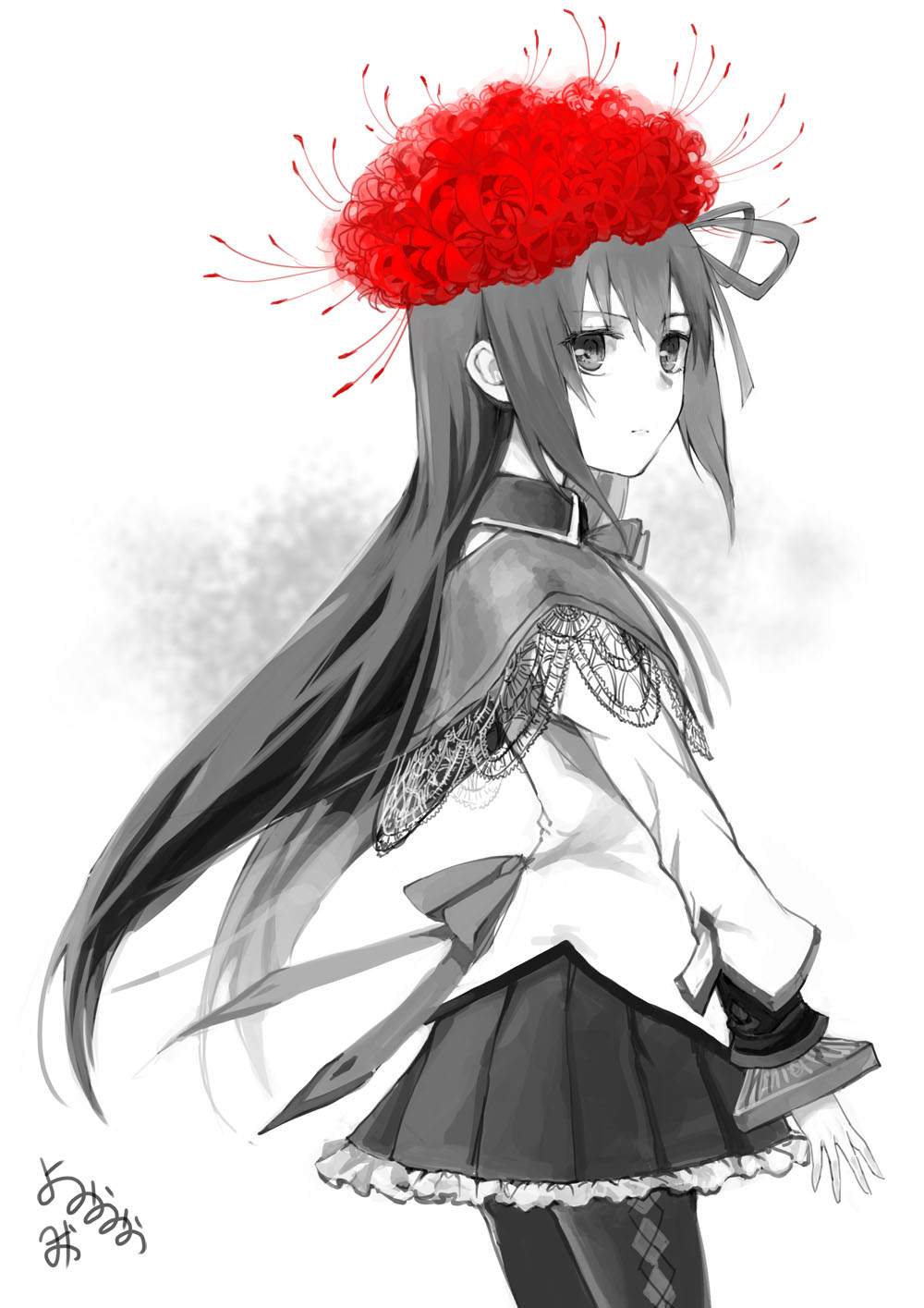 1girl akemi_homura black_hair flower from_behind greyscale hair_ribbon hairband highres homulilly long_hair looking_at_viewer looking_back magical_girl mahou_shoujo_madoka_magica mahou_shoujo_madoka_magica_movie monochrome pantyhose ribbon simple_background solo spider_lily spoilers stocks white_background yomio