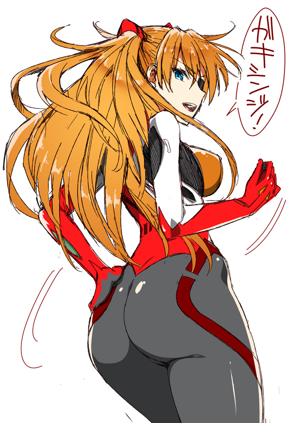 1girl ass blue_eyes breasts cowboy_shot evangelion:_3.0_you_can_(not)_redo eyepatch hand_on_hip kojima_saya long_hair neon_genesis_evangelion open_mouth orange_hair plugsuit rebuild_of_evangelion shikinami_asuka_langley sketch solo souryuu_asuka_langley white_background