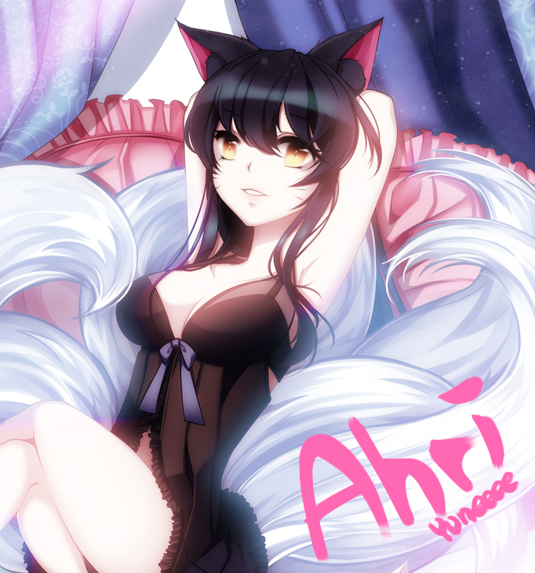 ahri amber_eyes animal_ears armpits arms_behind_head bare_arms bare_legs black_hair breasts cleavage crossed_legs curtains facial_mark fox_ears fox_tail hair_between_eyes league_of_legends leaning_back lingerie looking_at_viewer multiple_tails negligee pillow ribbon smile tail underwear yuneeee