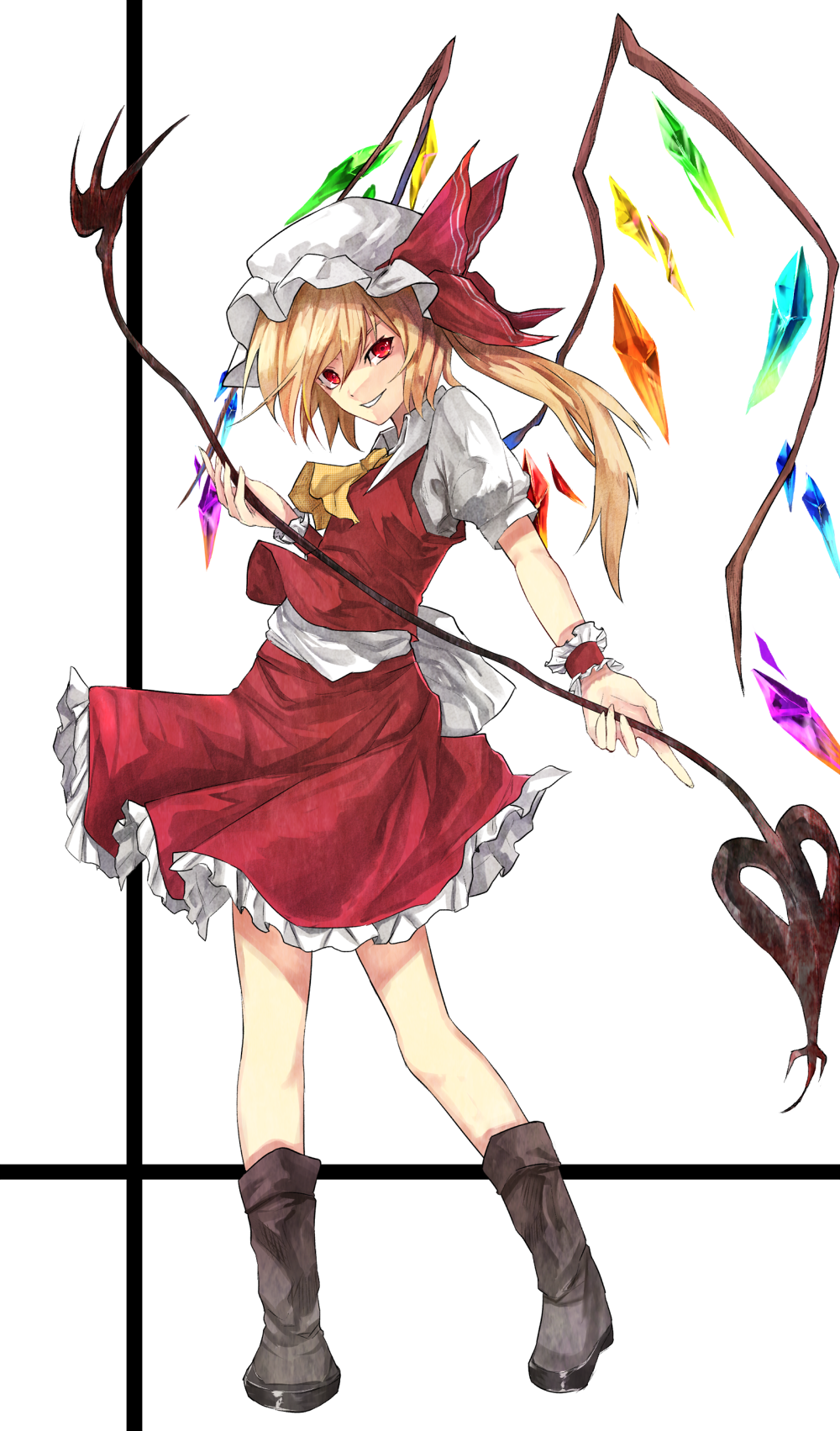 1girl blonde_hair boots eisuto flandre_scarlet hat hat_ribbon highres laevatein long_hair looking_at_viewer mob_cap puffy_short_sleeves puffy_sleeves red_eyes ribbon sash shirt short_sleeves side_ponytail skirt skirt_set smirk solo touhou vest wings wrist_cuffs