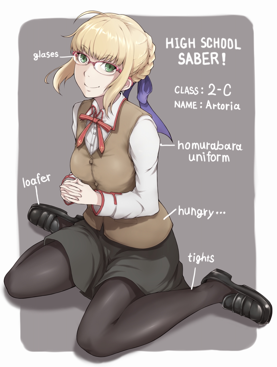 1girl ahoge bespectacled blonde_hair fate/stay_night fate_(series) glasses green_eyes hair_ribbon hands_together highres ina_(gokihoihoi) loafers pantyhose ribbon saber school_uniform semi-rimless_glasses shoes short_hair skirt smile solo