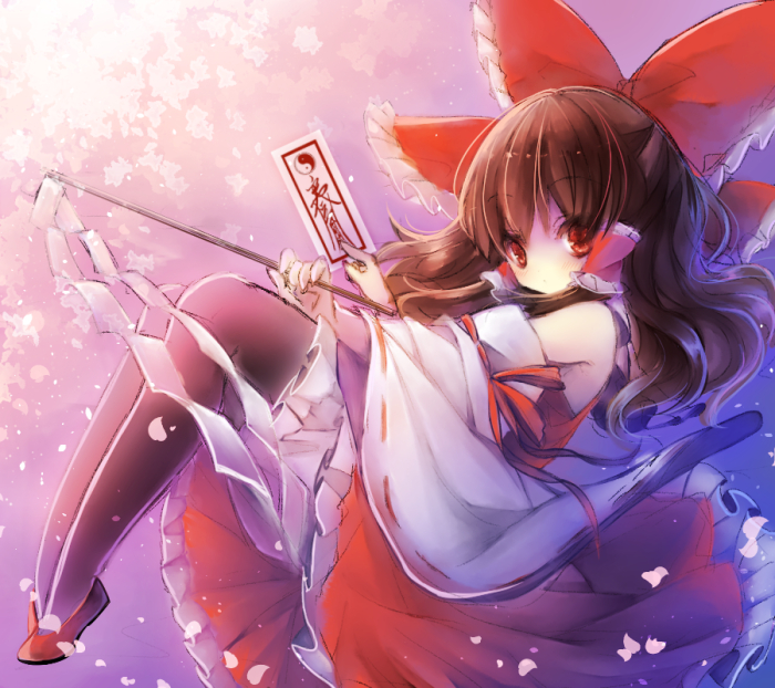 1girl bare_shoulders black_legwear brown_hair detached_sleeves dress gohei hair_ribbon hair_tubes hakurei_reimu long_sleeves looking_at_viewer pantyhose piyokichi red_dress red_eyes ribbon sitting solo spell_card touhou wide_sleeves