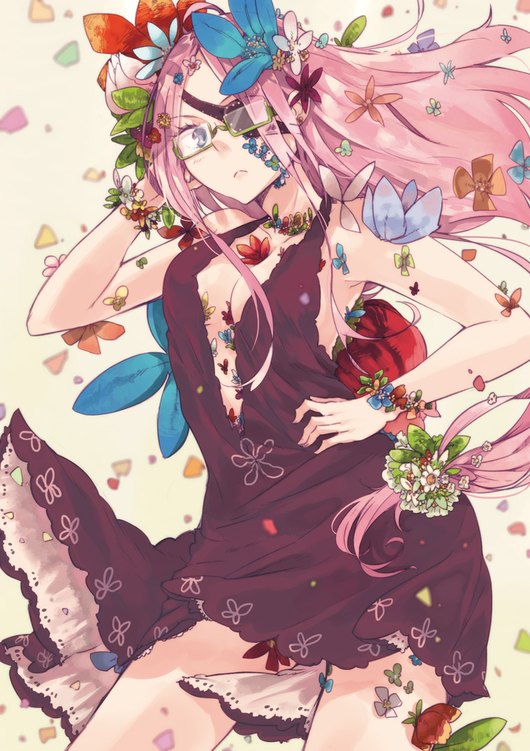 1girl arm_up breasts center_opening cleavage dress eyepatch flower glasses hair_flower hair_ornament hand_on_hip hrd looking_at_viewer original pink_hair solo violet_eyes wind