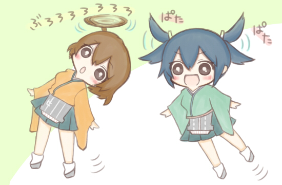 2girls :d :o blue_hair blush brown_hair chibi flying helicopter_hair hiryuu_(kantai_collection) jakoo21 japanese_clothes kantai_collection long_sleeves multiple_girls one_side_up open_mouth skirt smile souryuu_(kantai_collection) twintails