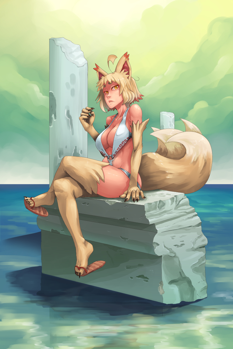 1girl animal_ears bikini blonde_hair breasts cleavage crossed_legs debris fox_ears fox_tail fur highres kaede_(whistle_frog) kitsune large_breasts multiple_tails original revealing_clothes sandals short_hair sitting slit_pupils solo swimsuit tail toes whistle_frog yellow_eyes