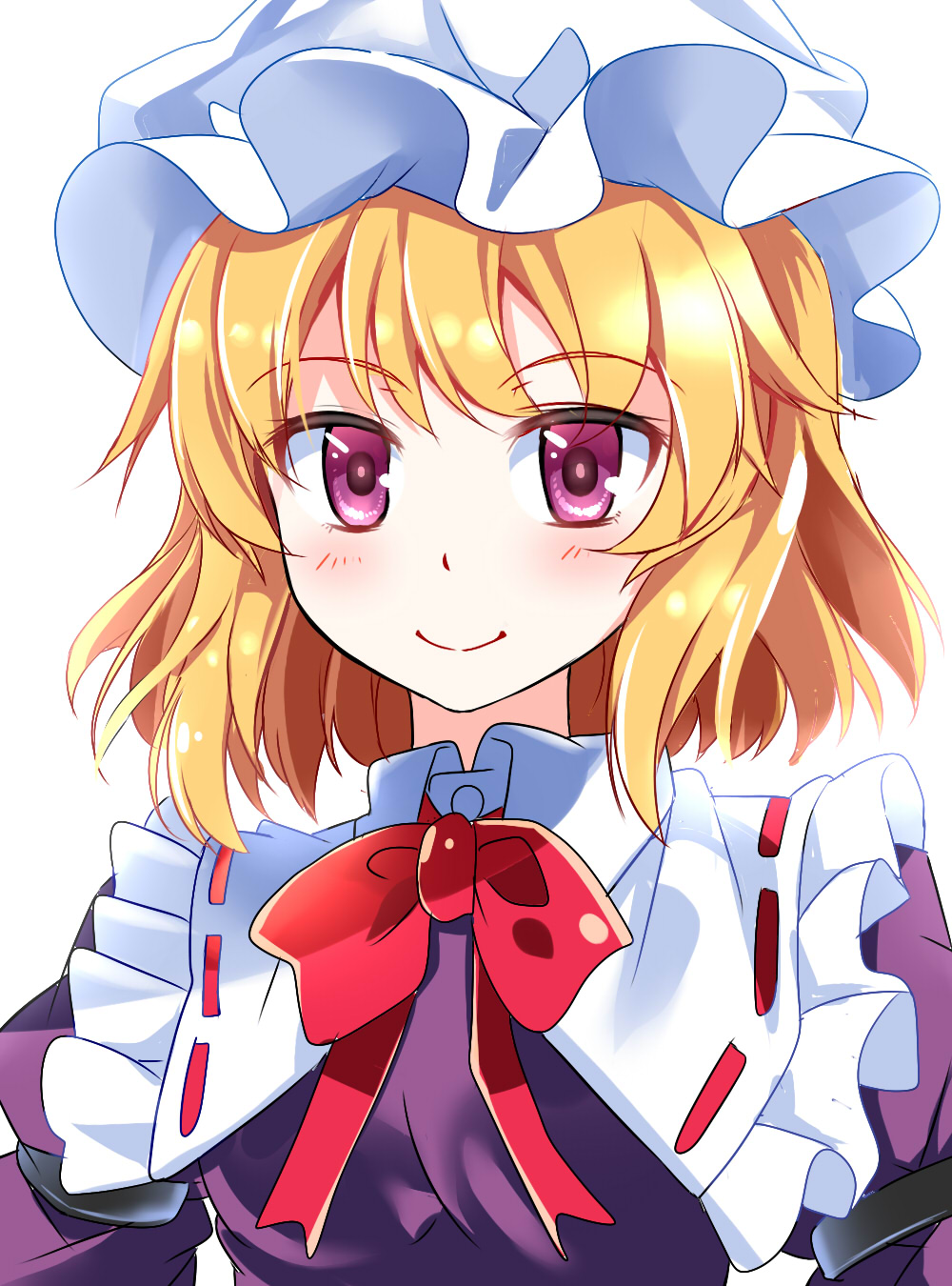 1girl blonde_hair blush bow bust dress e.o. frilled_shirt_collar highres looking_at_viewer maribel_hearn mob_cap short_hair smile solo touhou violet_eyes white_background