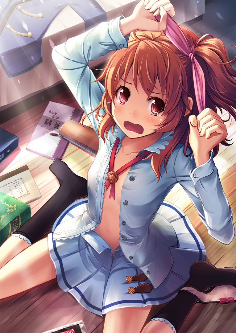 1girl aikatsu! akashio_(loli_ace) blush book bow bow_panties brown_hair collarbone commentary_request dressing flat_chest hair_ribbon long_sleeves midriff no_bra oozora_akari open_clothes open_mouth open_shirt open_skirt panties panties_around_ankles panties_around_one_leg ribbon side_ponytail sitting skirt solo tears tying_hair underwear wariza wavy_mouth
