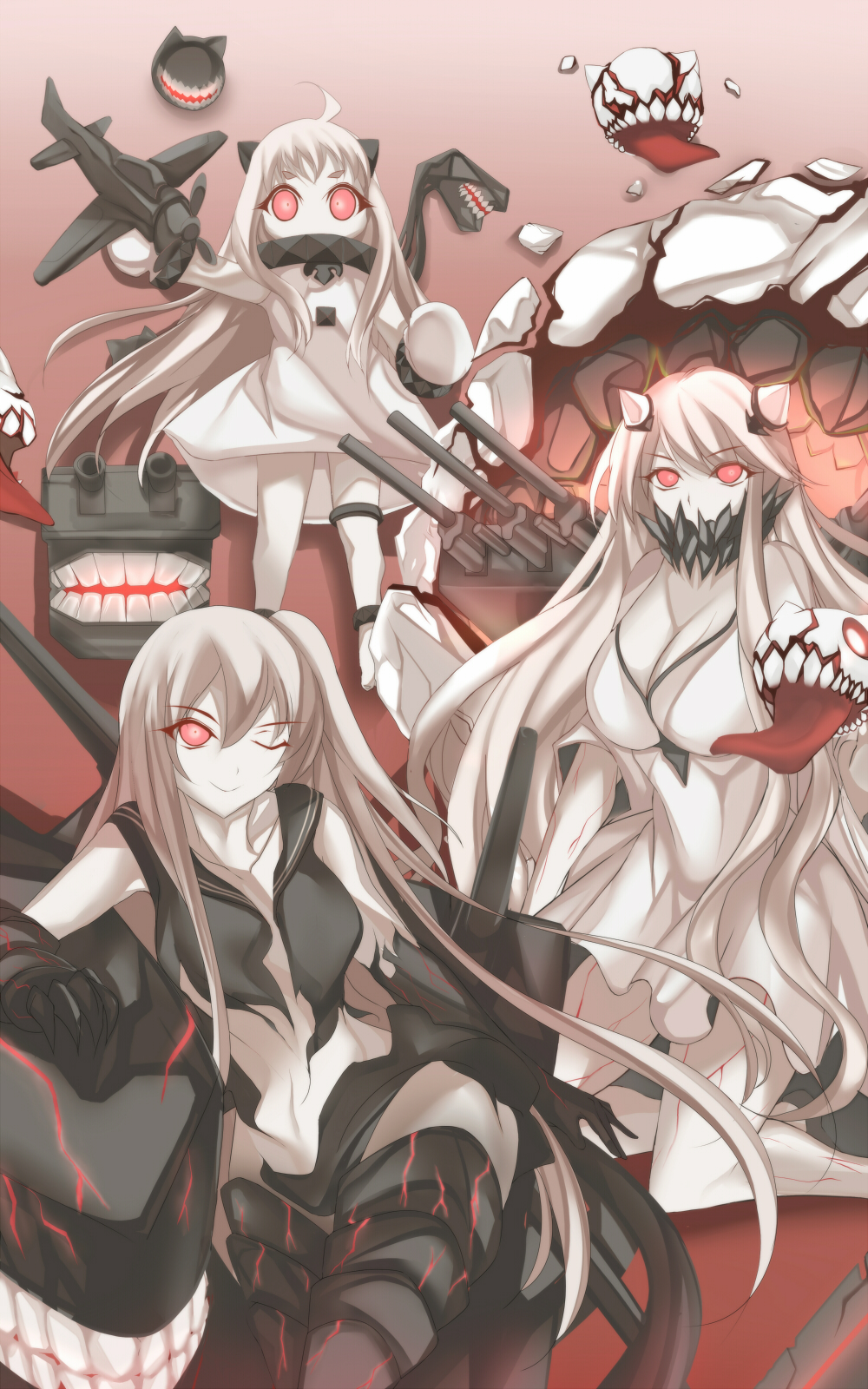 aircraft_carrier_hime breasts cleavage dress gauntlets highres horns kantai_collection long_hair marionette_(excle) midway_hime mittens northern_ocean_hime one_eye_closed pale_skin red_eyes shinkaisei-kan side_ponytail torn_clothes white_dress white_hair white_skin