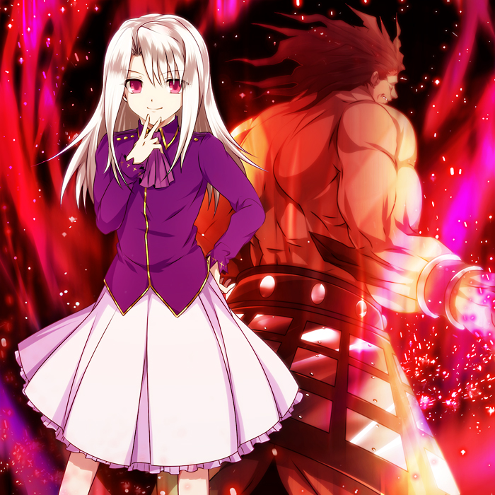 1boy 1girl berserker fate/stay_night fate_(series) hand_on_hip illyasviel_von_einzbern long_hair looking_at_viewer muscle pink_eyes silver_hair skirt smile ty_1865