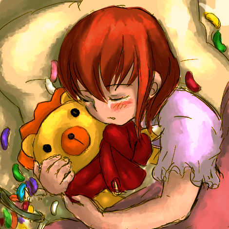 1girl blush candy hug jelly_bean kosumo_(kosuhoshi) lowres redhead sakutarou sleeping stuffed_animal stuffed_lion stuffed_toy tears umineko_no_naku_koro_ni ushiromiya_maria