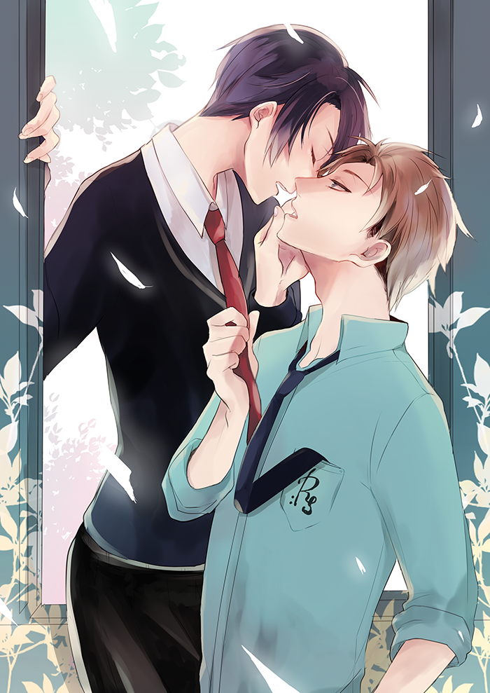 1boy 1girl brown_hair closed_eyes couple gekkan_shoujo_nozaki-kun hetero hori_masayuki incipient_kiss kashima_yuu looking_at_another necktie necktie_grab purple_hair reverse_trap school_uniform shiyuu_(piacere0915) short_hair