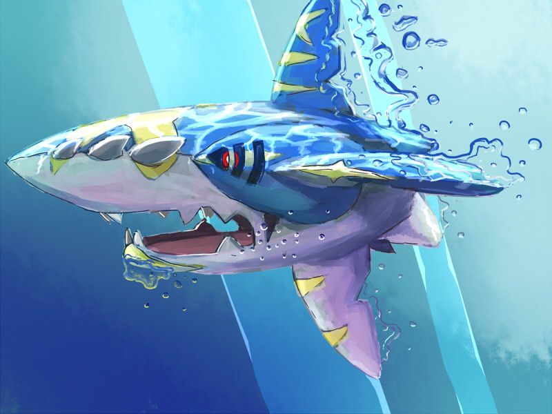 air_bubble fins fuujin_(sajinnarashi) jaw light_rays mega_pokemon mega_sharpedo no_humans pokemon pokemon_(creature) pokemon_(game) pokemon_oras pokemon_rse red_eyes scar shark sharp_teeth sharpedo solo spikes sunbeam sunlight underwater