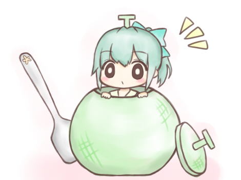 /\/\/\ 1girl aqua_hair blush bow food fruit hair_bow in_food jakoo21 kantai_collection lowres melon ponytail solo spoon yuubari_(kantai_collection)