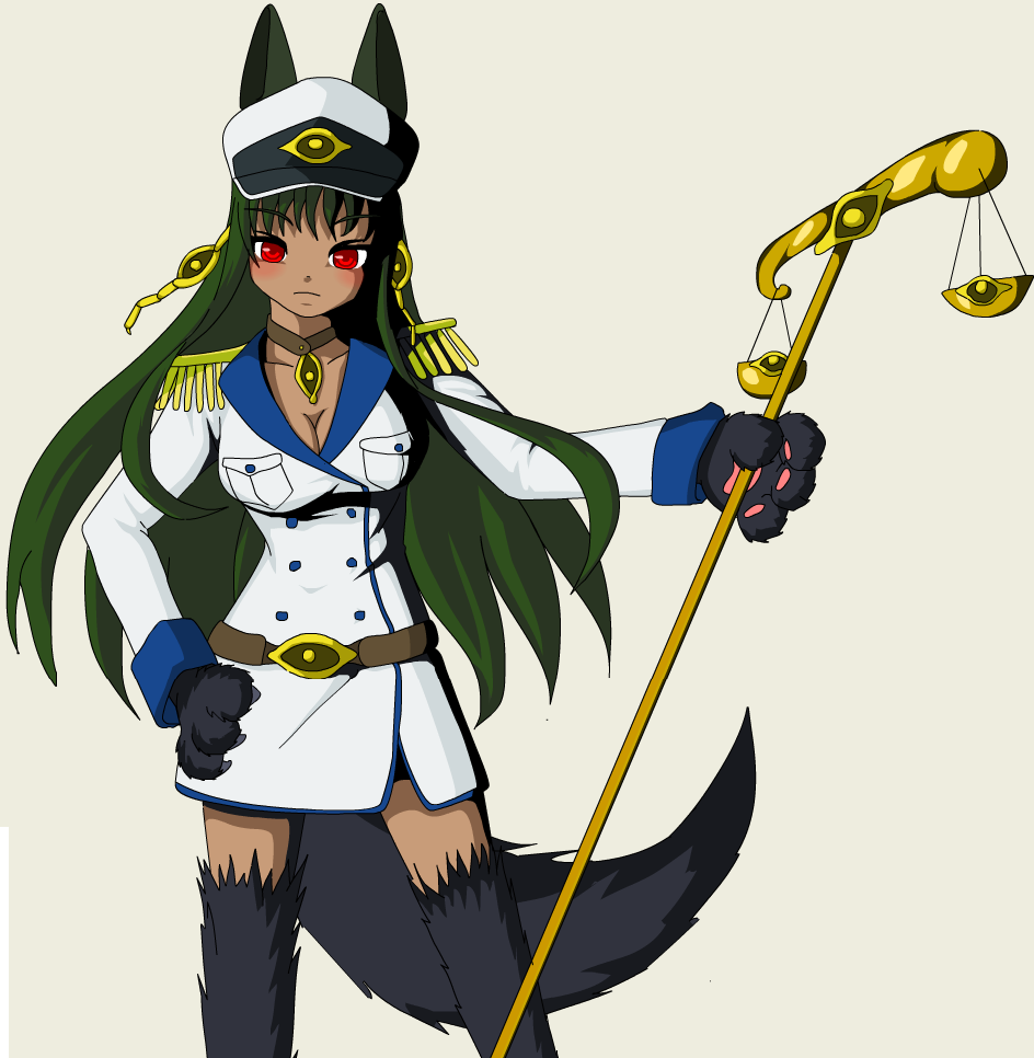 1girl animal_ears anubis anubis_(monster_girl_encyclopedia) blush breasts cleavage dark_skin dog_ears fur green_hair hat long_hair monster_girl monster_girl_encyclopedia paws red_eyes solo tail