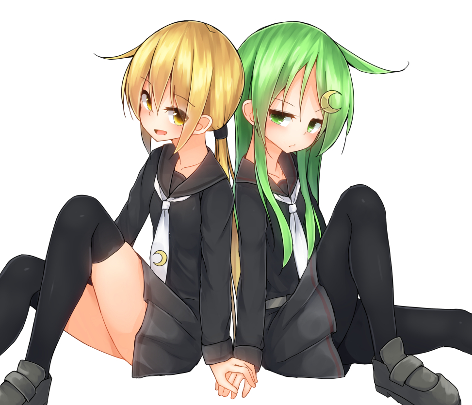 2girls black_legwear black_skirt blonde_hair blouse crescent_hair_ornament green_eyes green_hair hair_ornament holding_hands kantai_collection long_hair long_sleeves looking_at_viewer low_twintails mizushina_minato multiple_girls nagatsuki_(kantai_collection) neckerchief pantyhose pleated_skirt sailor_collar satsuki_(kantai_collection) school_uniform serafuku side-by-side simple_background skirt thigh-highs twintails white_background yellow_eyes