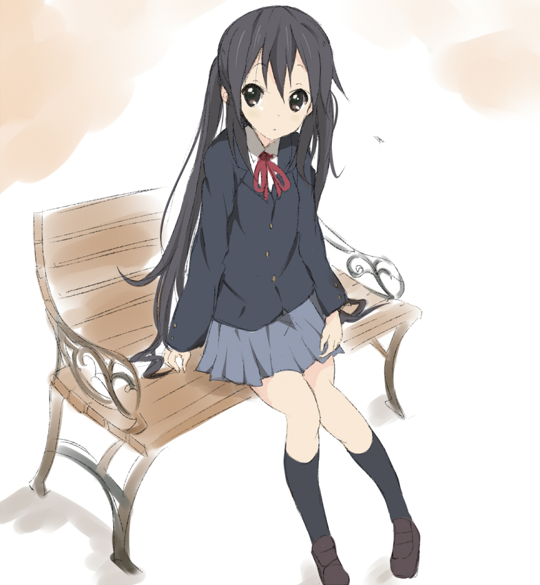 1girl bench black_hair brown_eyes core_(mayomayo) k-on! long_hair nakano_azusa school_uniform twintails very_long_hair