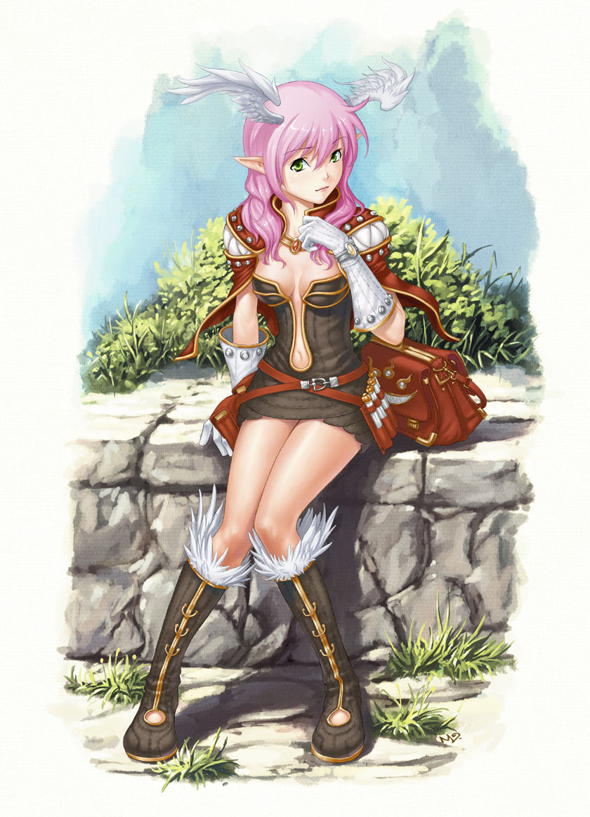 boots creator elf gloves green_eyes head_wings headwings legs lips ml.e navel pink_hair pointy_ears ragnarok_online sitting solo