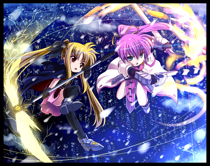 bardiche battle blonde_hair blue_eyes fate_testarossa fire kome_(le7) levantine mahou_shoujo_lyrical_nanoha mahou_shoujo_lyrical_nanoha_a's mahou_shoujo_lyrical_nanoha_a's pink_hair ponytail red_eyes sheath signum sword thigh-highs thighhighs twintails weapon whip whip_sword yone