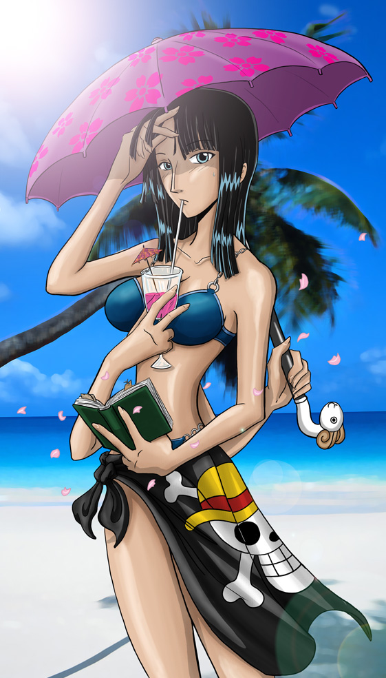arms_behind_back background beach bikini black_hair book breasts cleavage drink extra_arms female flag going_merry jolly_roger lens_flare long_hair multi_arm multi_limb nico_robin ocean one_piece palm_tree petals pirate reading sarong solo straw_hats_jolly_roger swimsuit tree umbrella