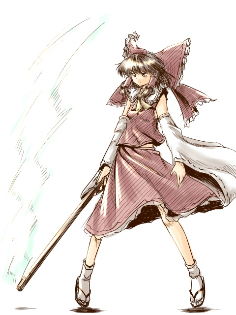 bow brown_eyes brown_hair detached_sleeves hair_bow hakurei_reimu japanese_clothes kakkou miko short_hair solo touhou