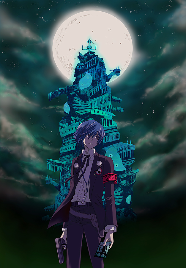 armband blue_eyes blue_hair evoker gun headphones koshi_anko moon persona persona_3 school_uniform tartarus weapon