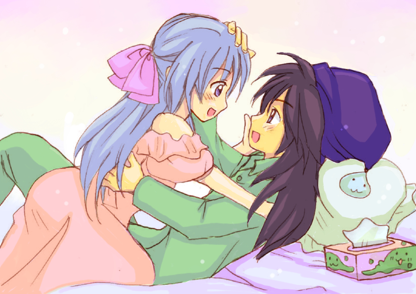 bed black_hair blue_hair blush bow couple dragon_quest dragon_quest_v dress eijima_moko eye_contact flora girl_on_top hair_bow hat hero_(dq5) pajamas petting profile slime_(dragon_quest) tissue