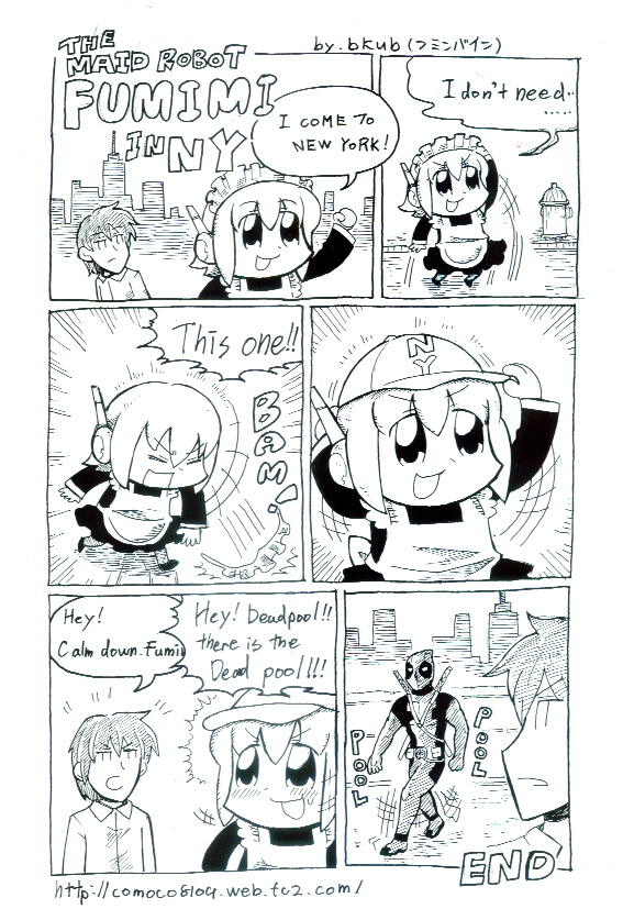 3ldkm baseball_cap bkub cap comic crossover deadpool english fumimi hat maid maid_headdress marvel monochrome new_york ribbon robot_ears tsuneda