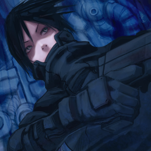 black_hair blame! cyberpunk gloves grey_eyes gun handgun killy weapon