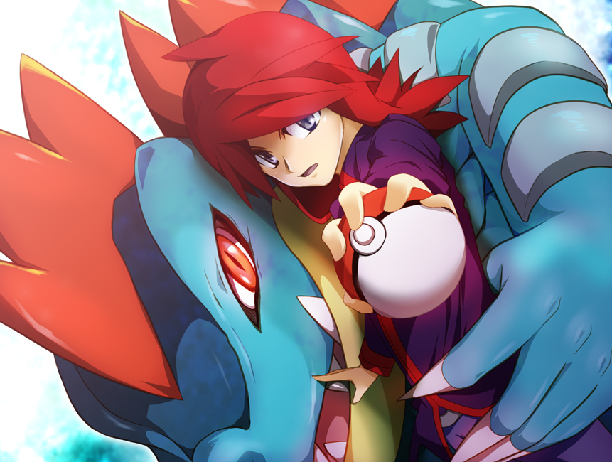 1boy cimeri feraligatr foreshortening grey_eyes holding holding_poke_ball male open_mouth poke_ball pokemon pokemon_(creature) pokemon_(game) pokemon_gsc red_hair redhead silver_(pokemon) silver_(pokemon)_(remake)