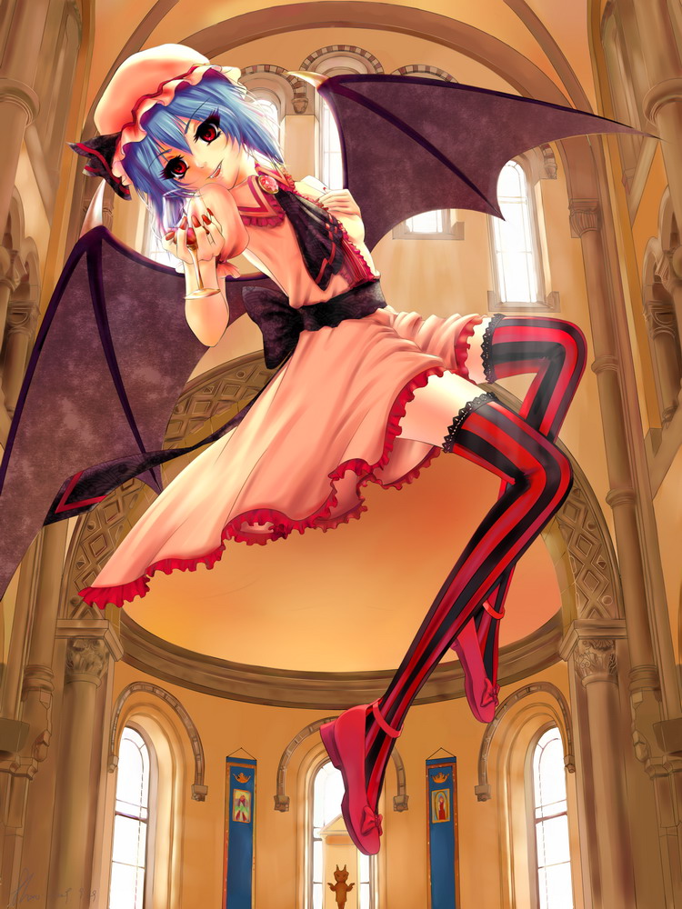 bat_wings blue_hair column cupping_glass embellished_costume eyelashes flying frills ghost_no_ghost hat lace oni_(pixiv) pillar red_eyes red_legwear remilia_scarlet short_hair solo striped striped_thighhighs thigh-highs thighhighs touhou vertical-striped_legwear vertical_stripes wings zettai_ryouiki