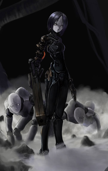 android blame! bob_cut bodysuit cannon cyberpunk cyborg female fog full_body grey_eyes gun pale_skin robot safeguard sanakan solo weapon white_eyes